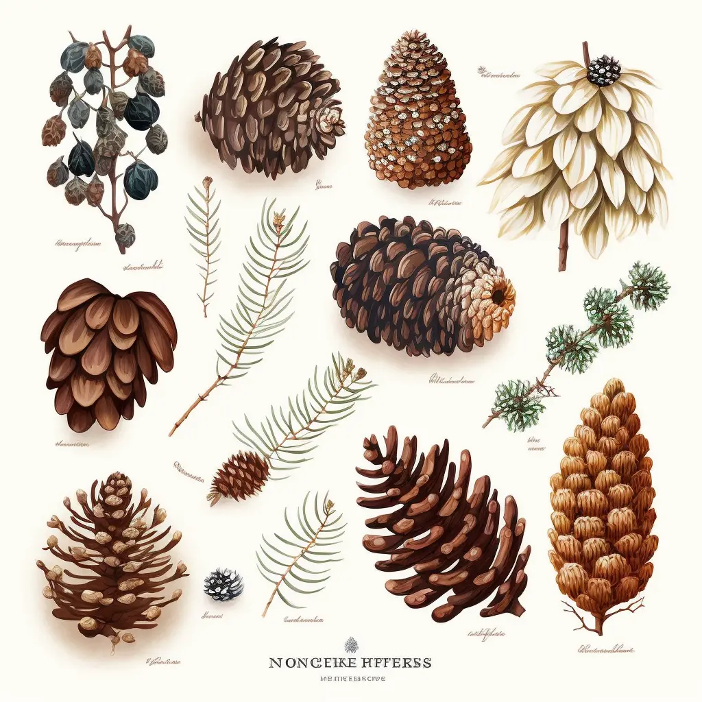 pinecone varieties, botanical illustration, white background, style of Margaret Mee